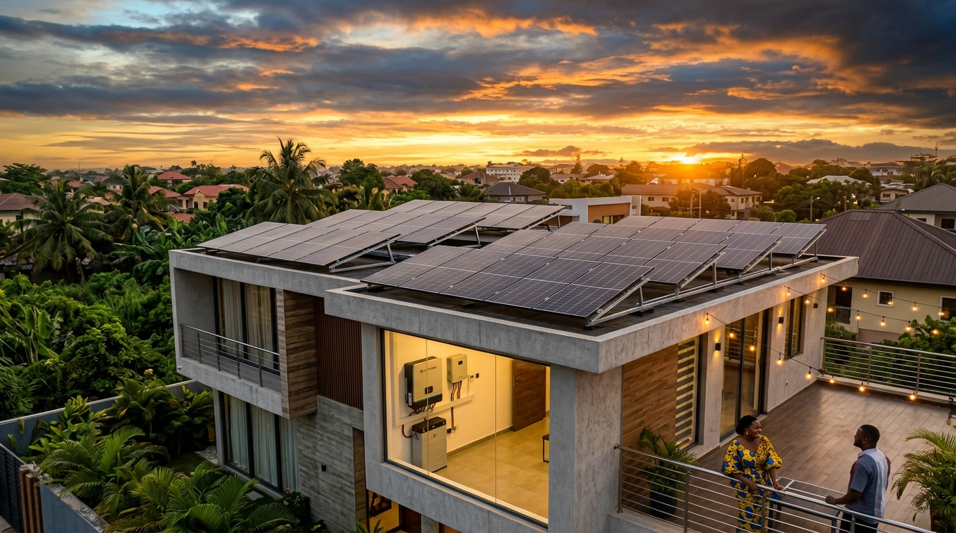 Modern Nigerian home with solar panels at sunset